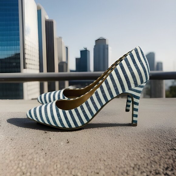 Merona Shoe Womens Size 7 Blue Striped Heels Stiletto Pointy Toe Slip On Comfort - Picture 2 of 11